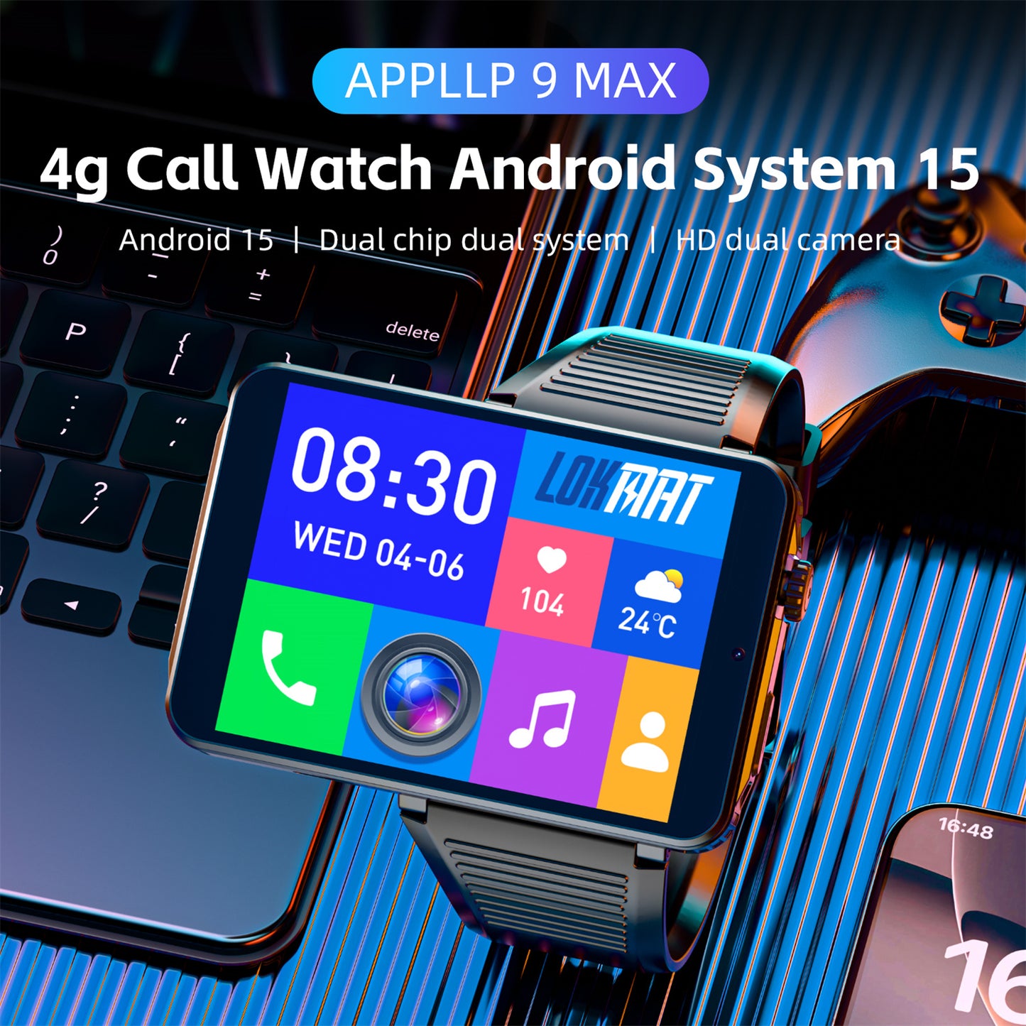 LOKMAT APPLLP 9 MAX Android 15 System 4G Wifi Watch Phone Dual Camera Type-C Charging Port Innovation Bluetooth Calls Function