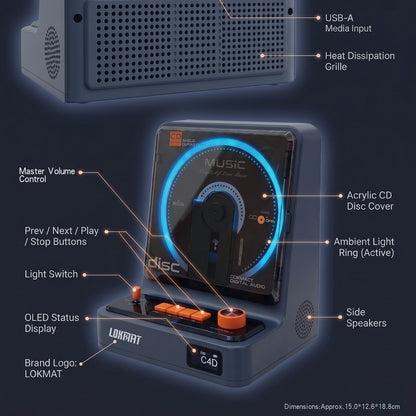 LOKMAT Portable Stereo CD Player Bluetooth Output USB/CD HiFi Audio HD Display Music Player